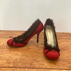 Charlotte Russe red black lace and velvet trim sexy heels, pumps.